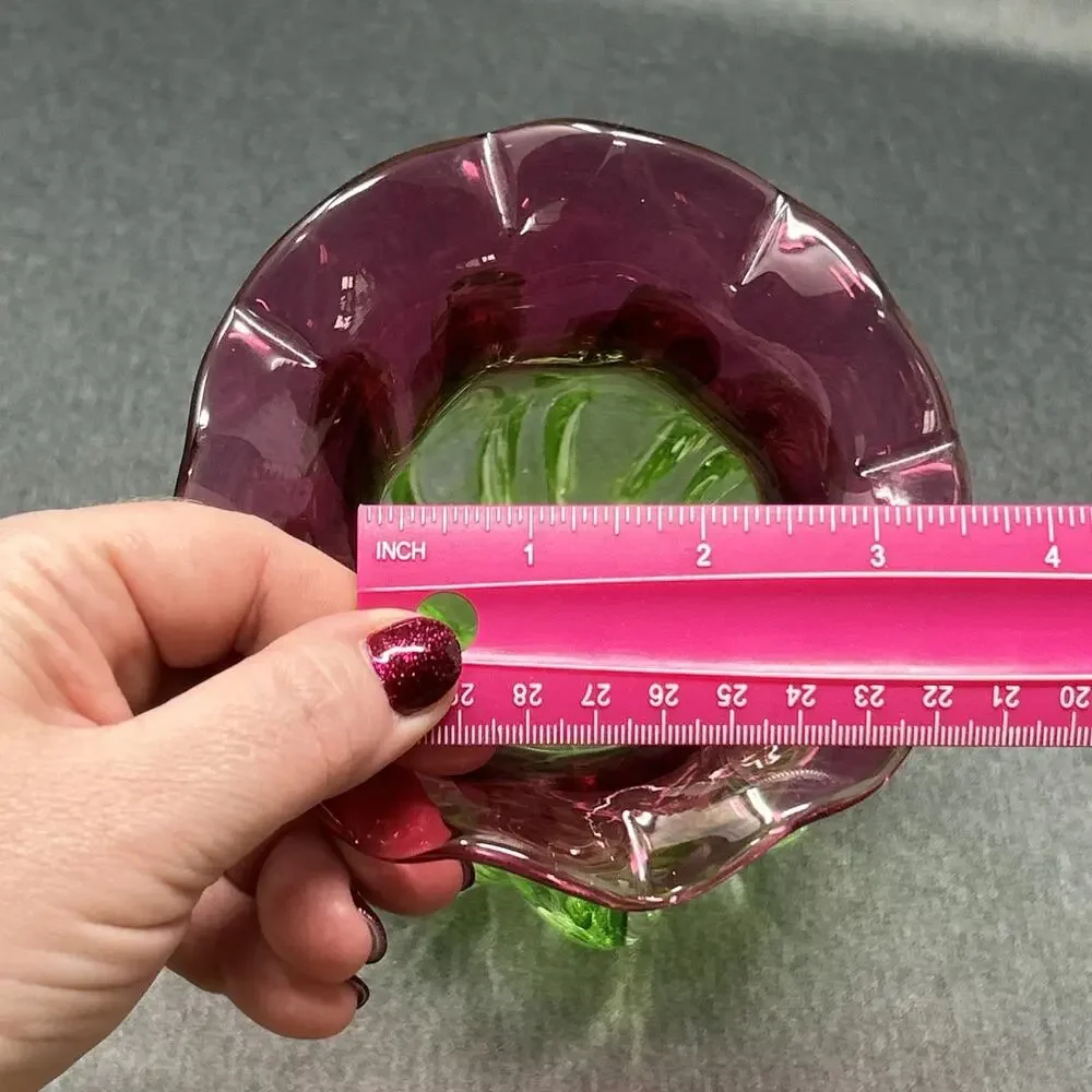 Vintage Hand Blown Glass Vase Watermelon Pink Green Ombre Ruffle Swirl Twist